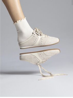 Larroudé Stella Mule In Mushroom Grey Suede and Ivory Leather